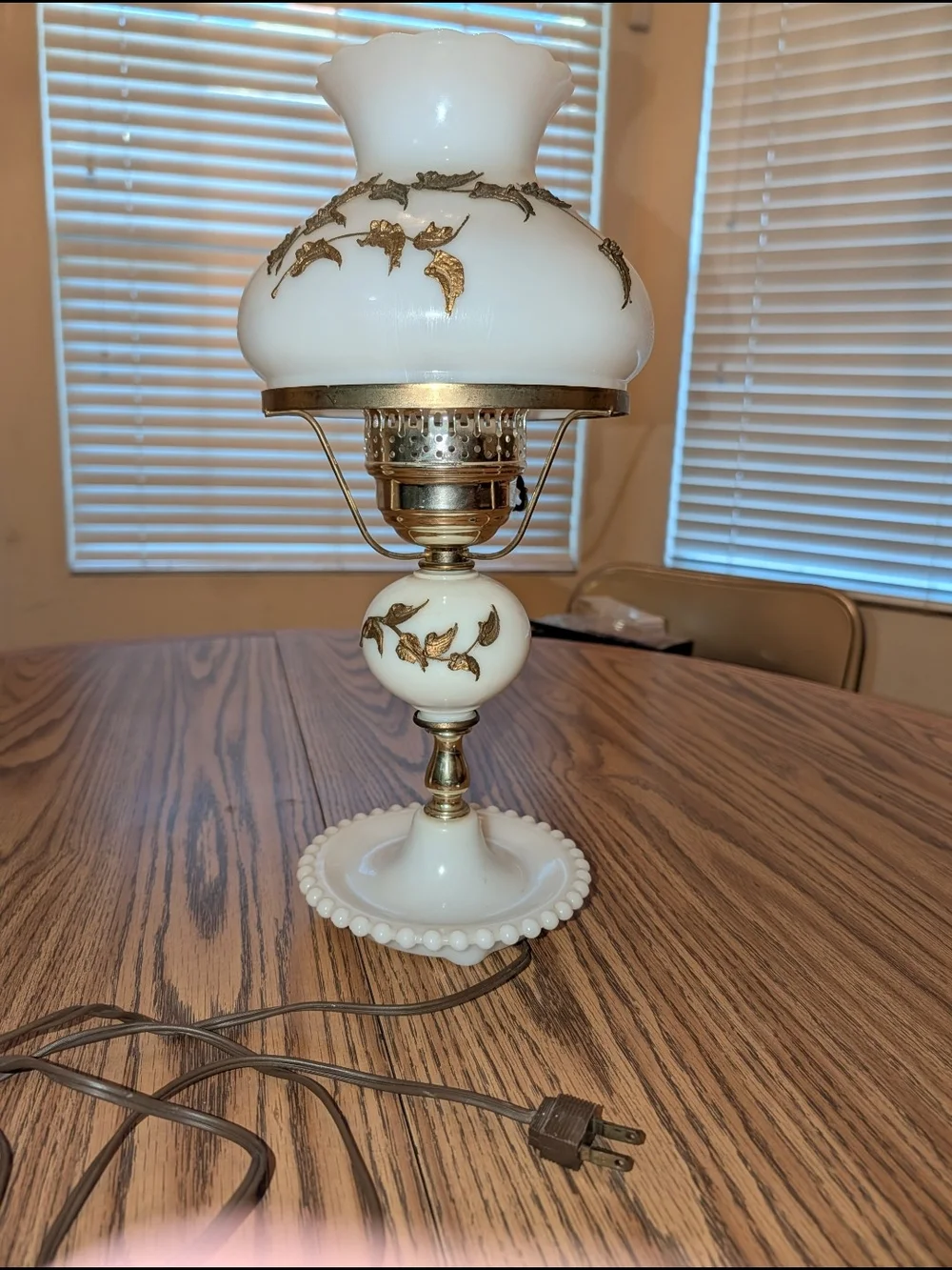 Vintage White Milk Glass Table Lamp with Gold Leaf Accents